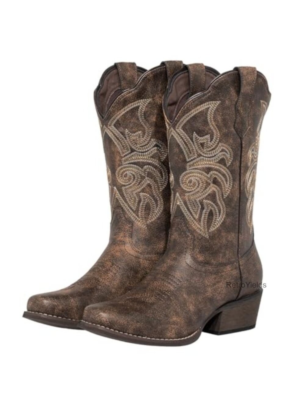 Wide Calf Square Toe Cowboy Boots Faux Leather Floral Cuff Country Concert